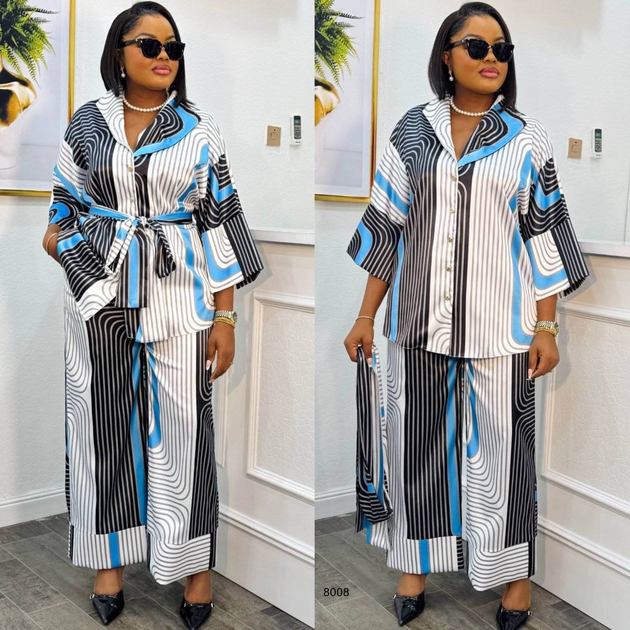 Striped Pattern Belted Two-Piece Set