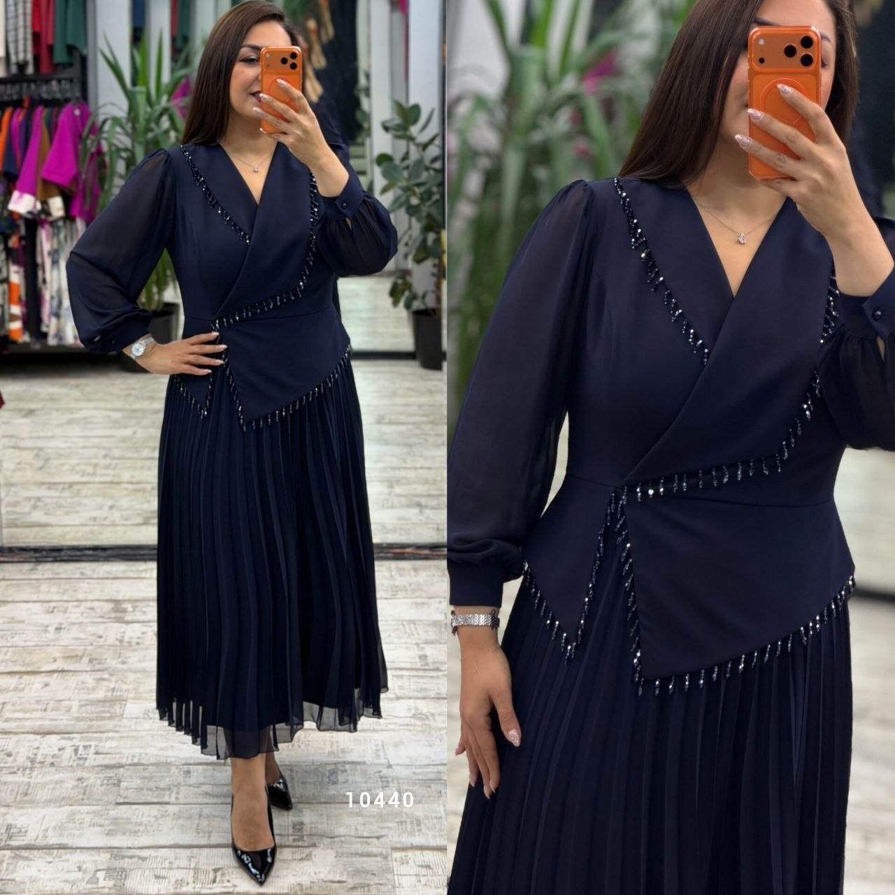 Women’s Wrap Neck Embellished Asymmetrical Long Sleeve Pleated Midi Dress