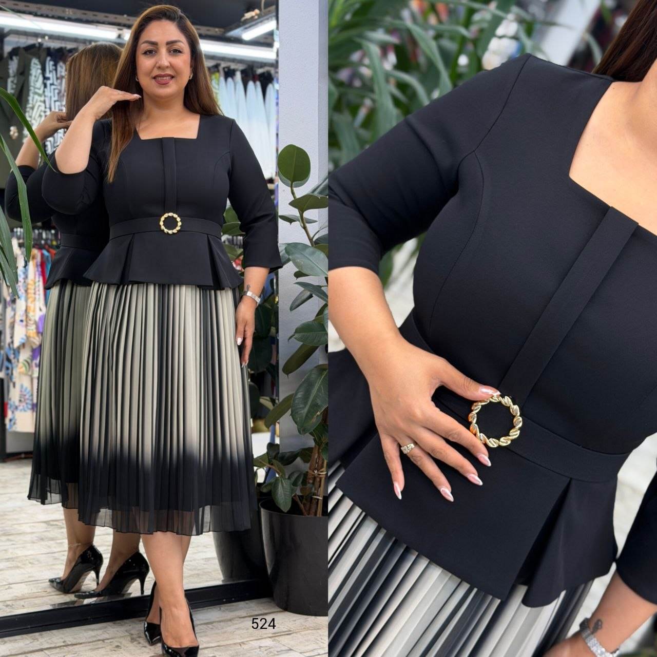 Square-Neck Belted Peplum Top & Ombre Pleated Midi Skirt Set