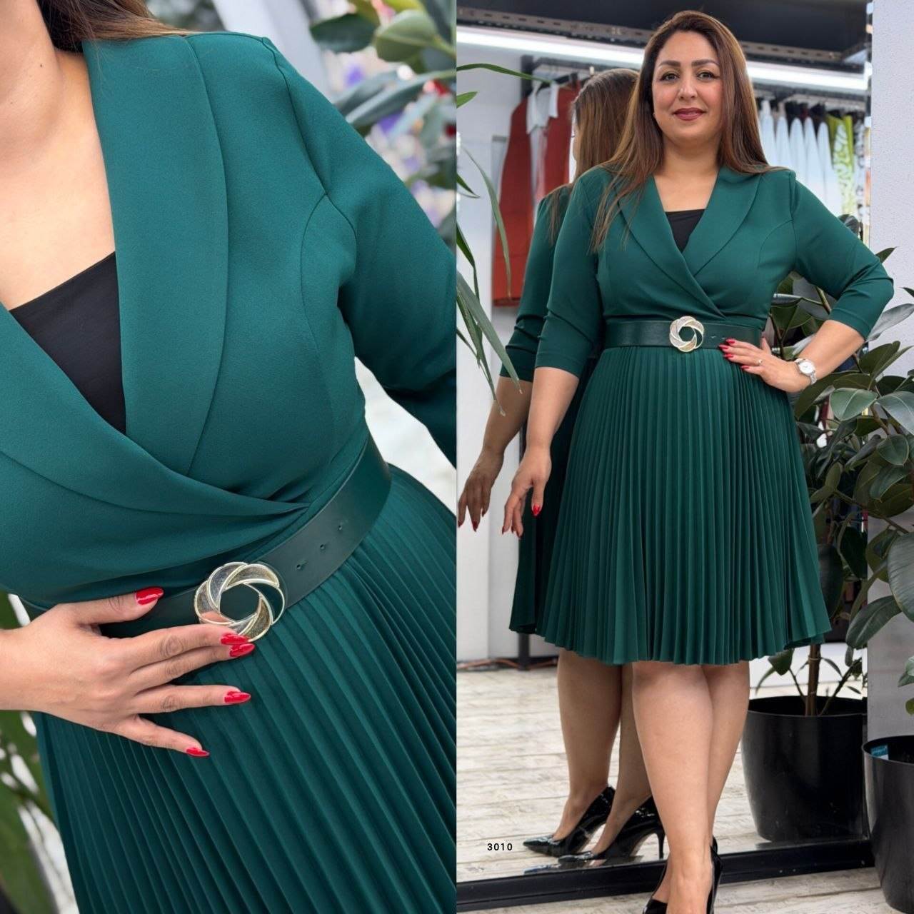 Women’s Wrap Neck Belt Buckle Pleated Midi Dress
