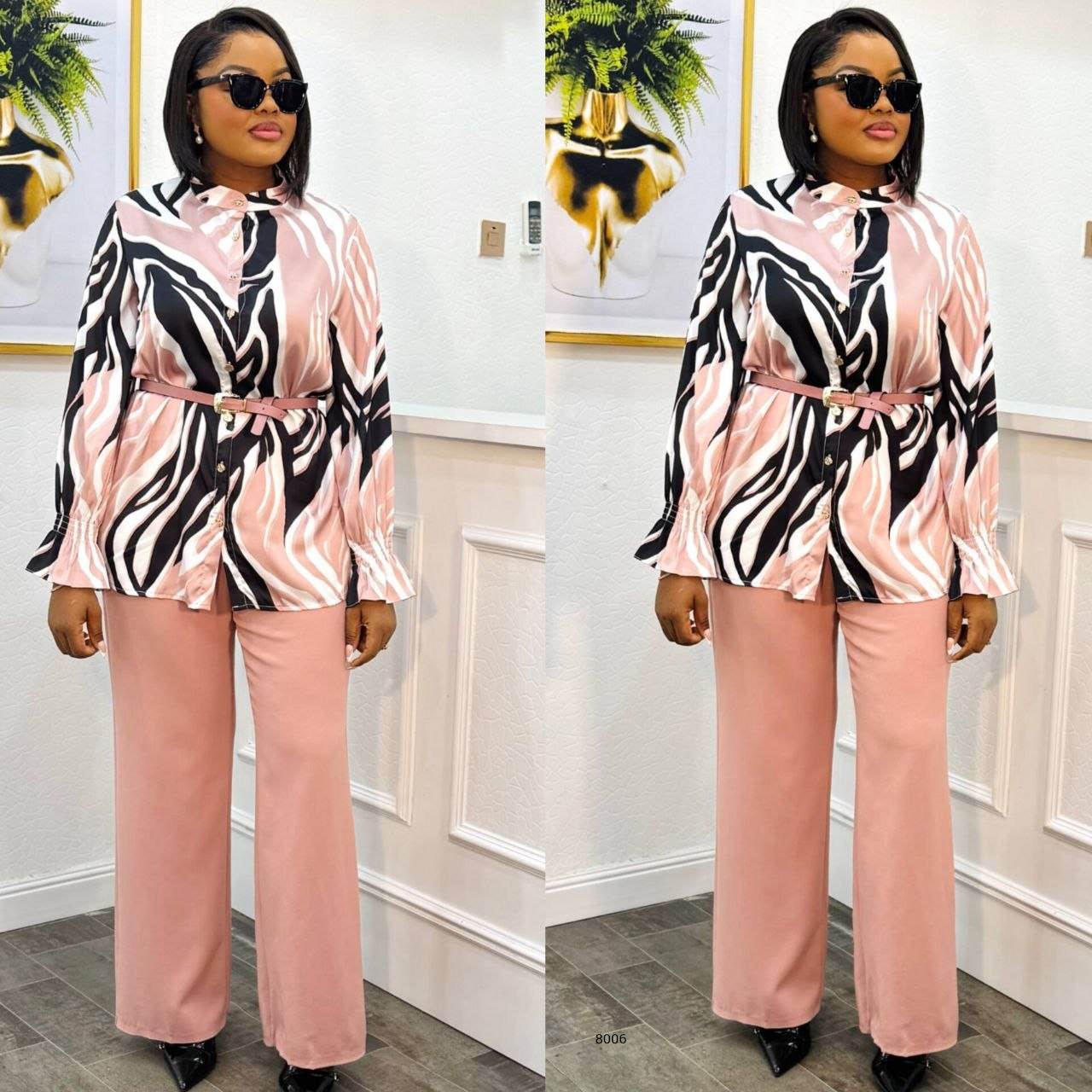 atterned Belted Two-Piece Set with Ruffle Details