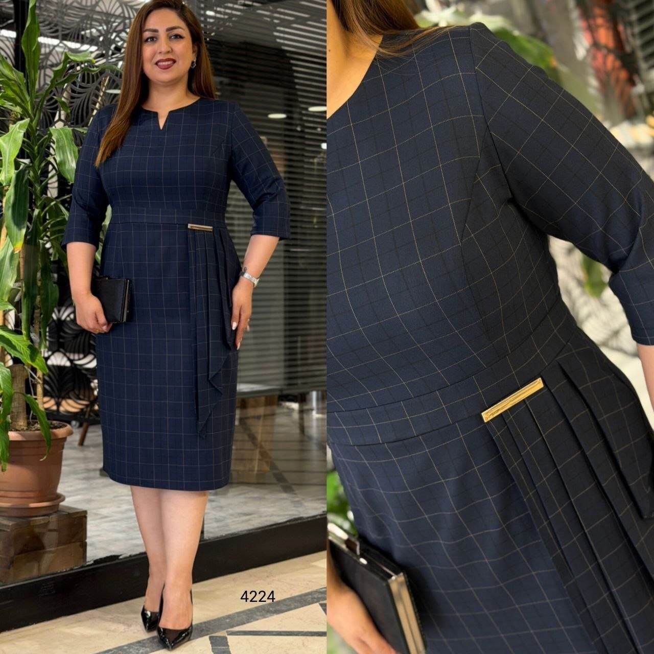 Elegant Checkered Pleated Detail Dress