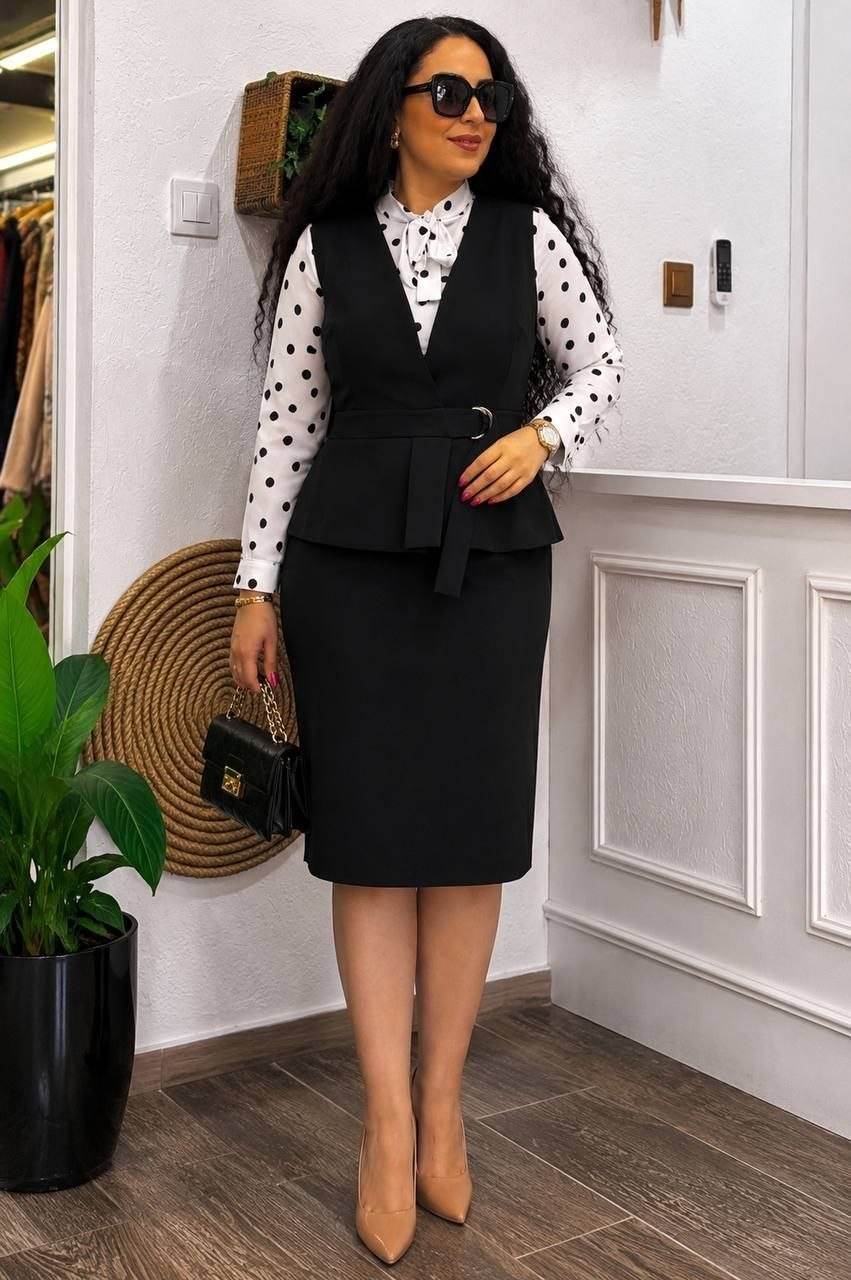 Polka Dot Blouse & Belted Dress Set