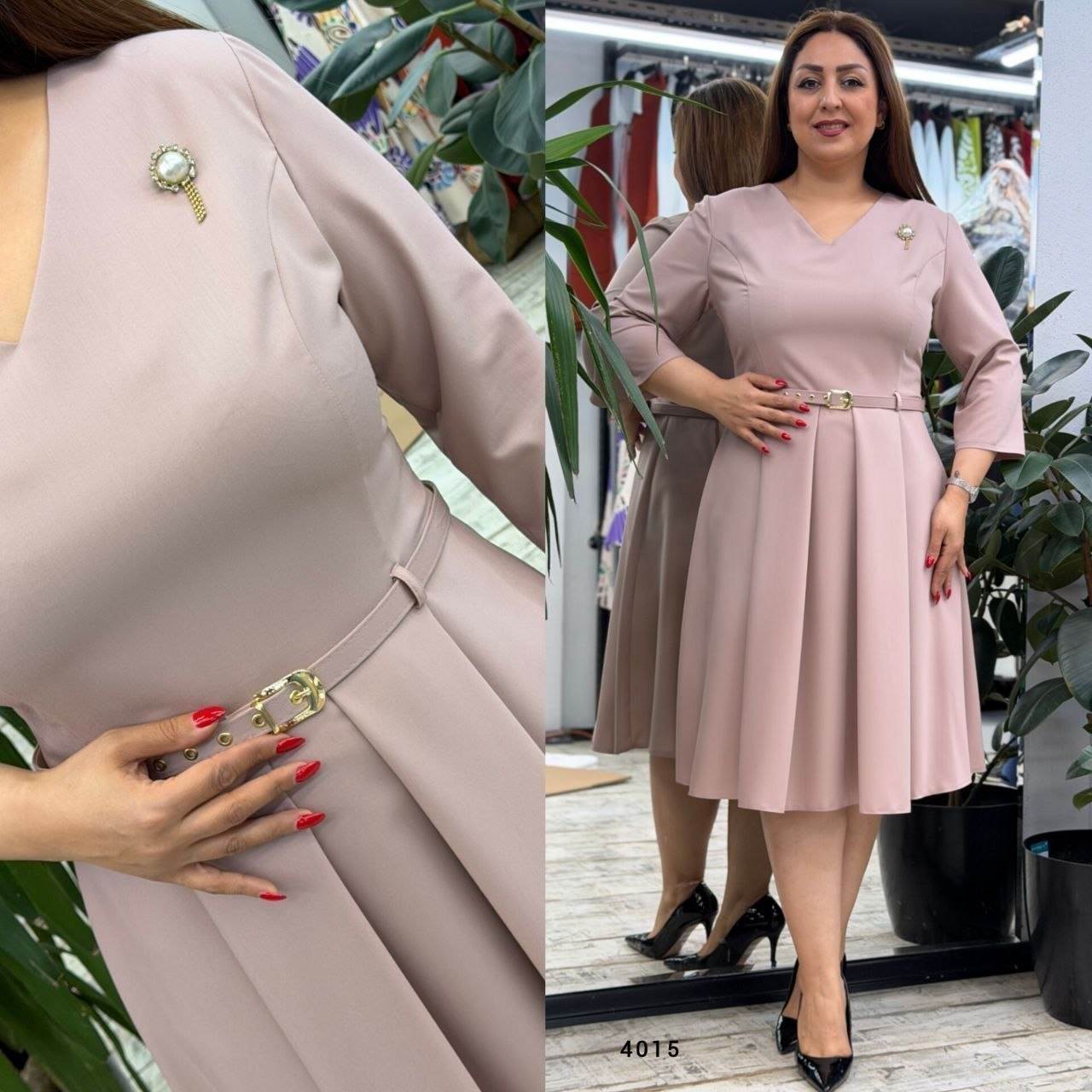 V-Neck Belted Pleated Midi Dress with Brooch Detail