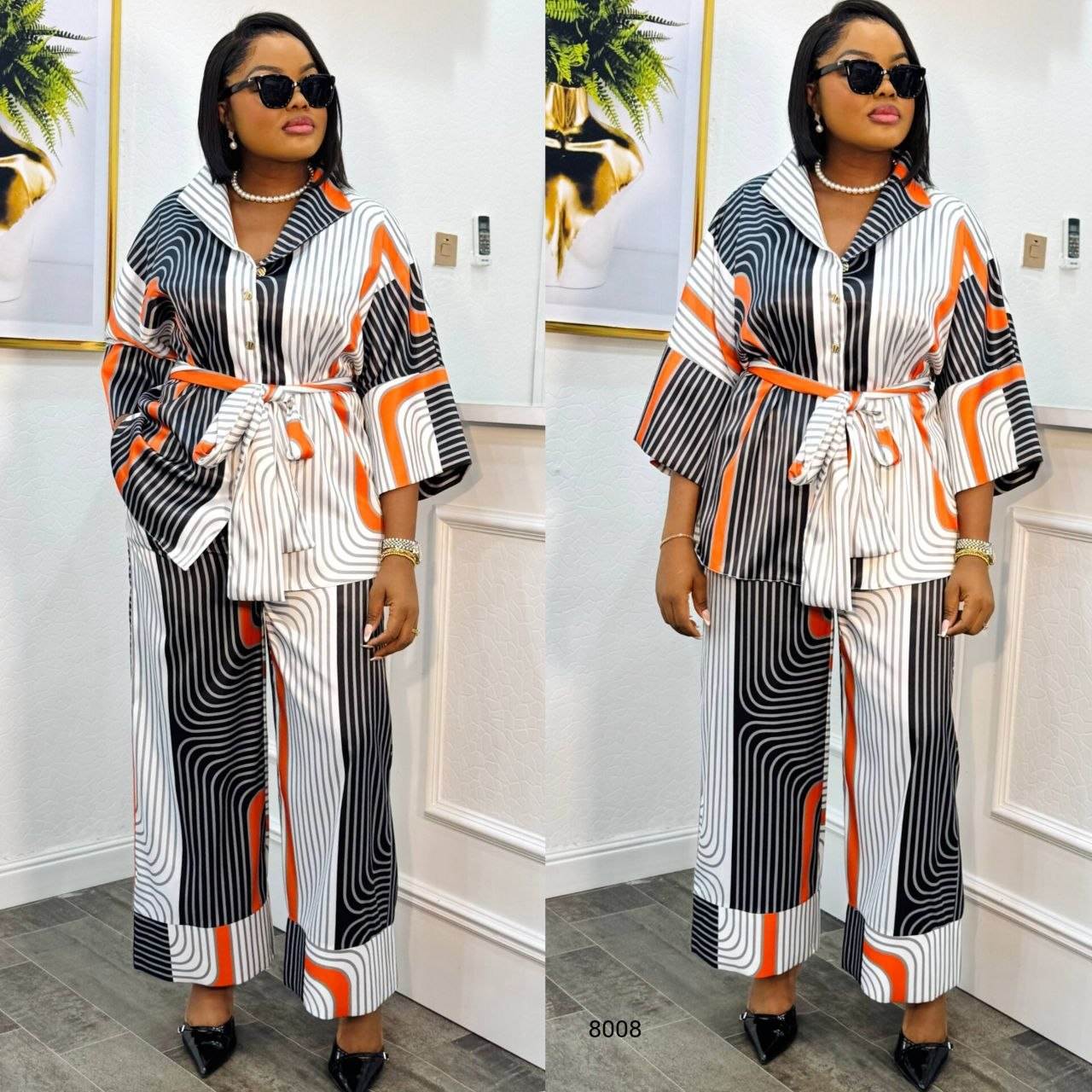 Striped Pattern Belted Two-Piece Set