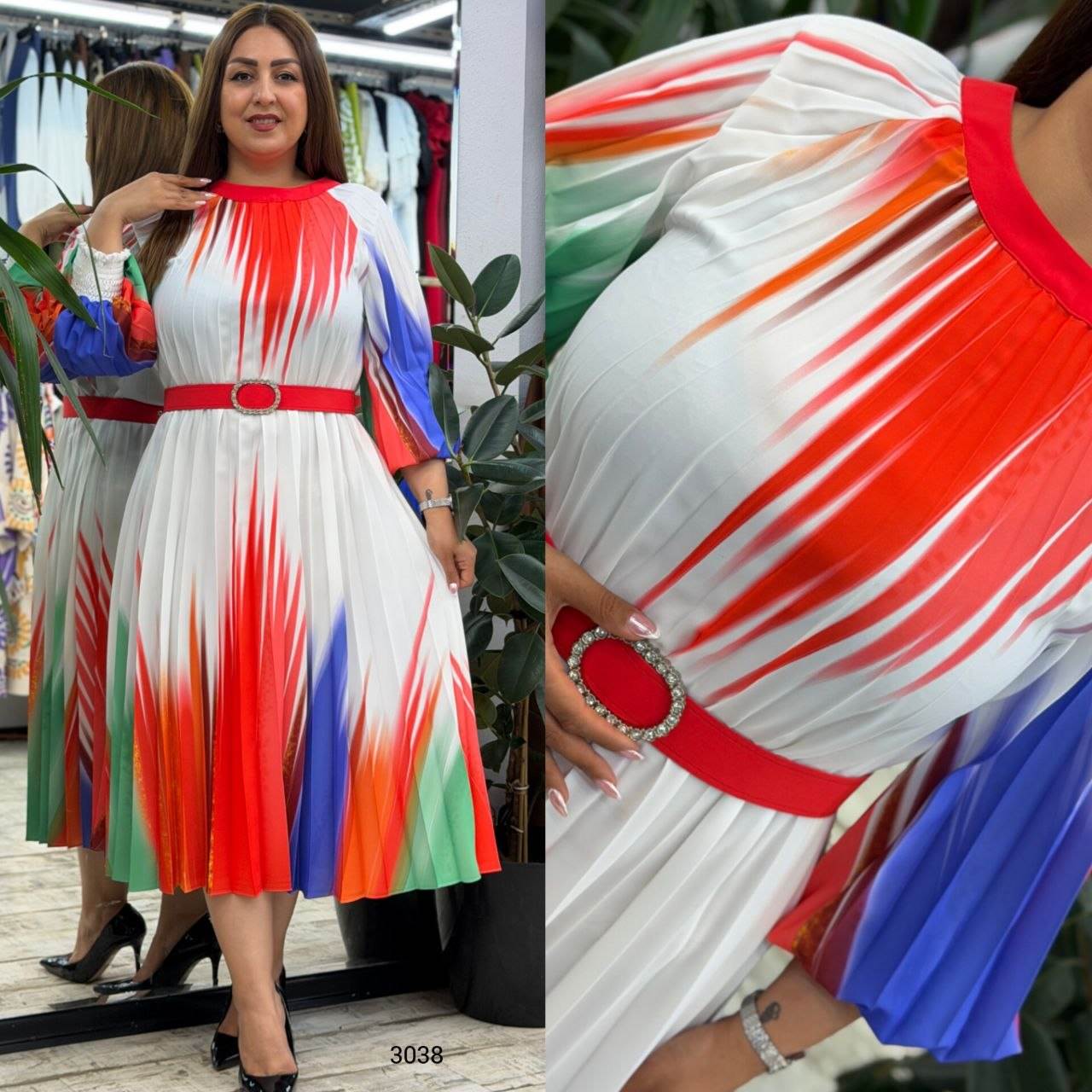 Pleated Patterned Midi Dress with Belt and Round Neck Detail