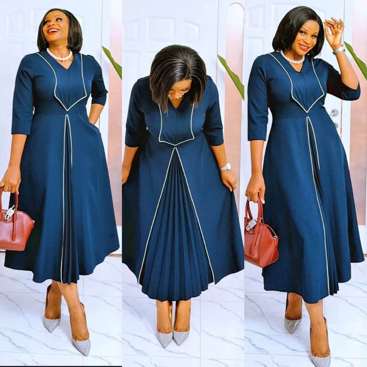 Women’s V-Neck Contrast Piping Half Sleeve Pleated Midi Dress