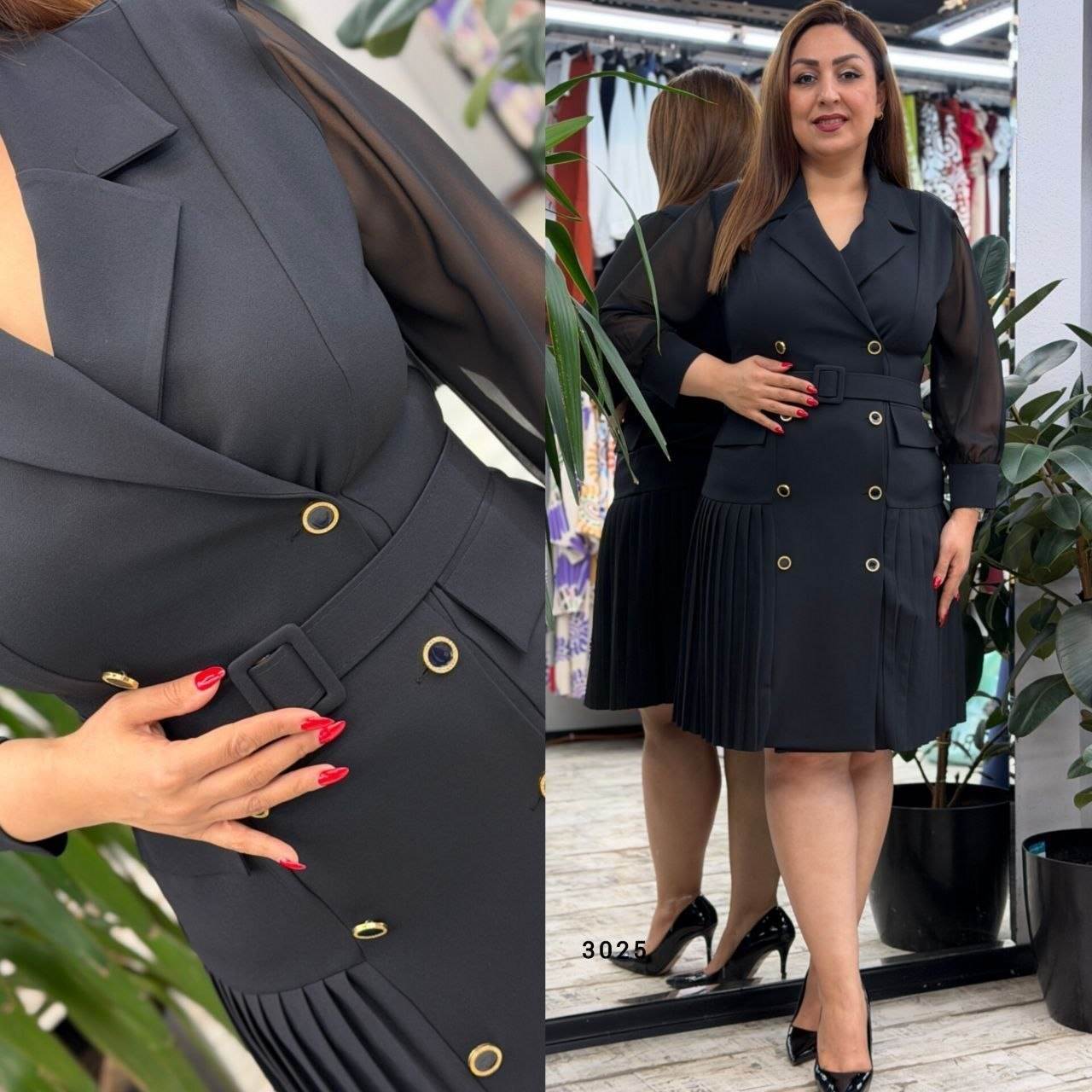 Belted Wrap Collar Pleated Elegant Dress