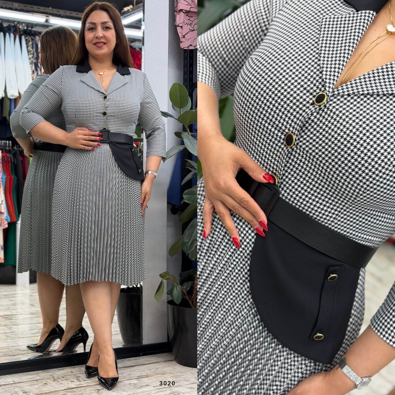 Elegant Houndstooth Dress with Belt Detail