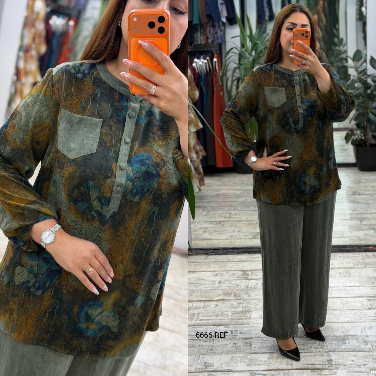 Women’s Crew Neck Button Detail Pocket Long Sleeve Blouse and Wide Leg Pants Set