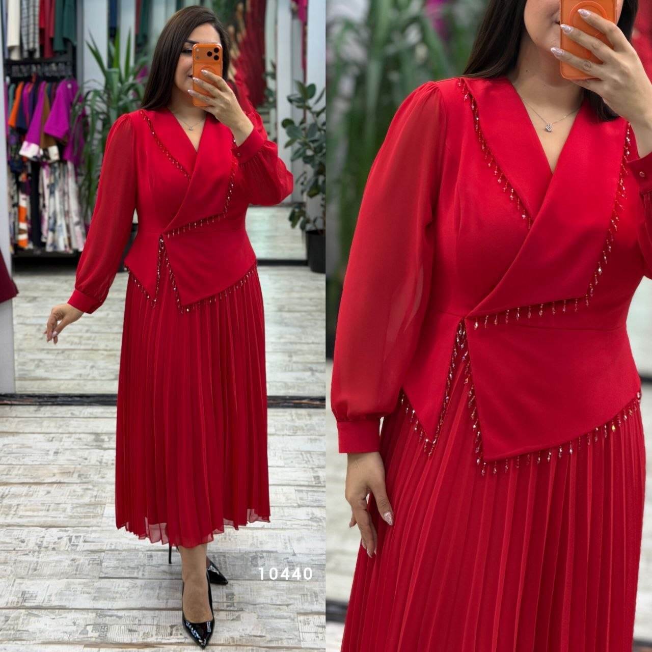 Women’s Wrap Neck Embellished Asymmetrical Long Sleeve Pleated Midi Dress