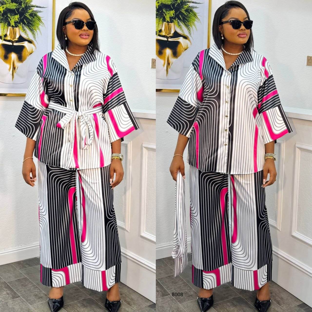 Striped Pattern Belted Two-Piece Set