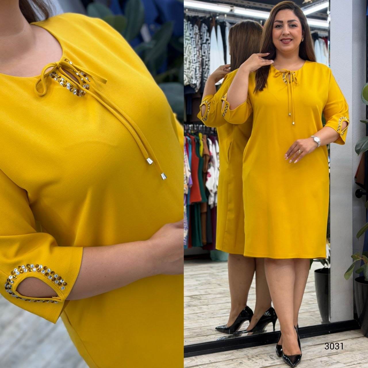 Women’s Round Neck Tie Detail Rhinestone Sleeve Detail Knee-Length Dress