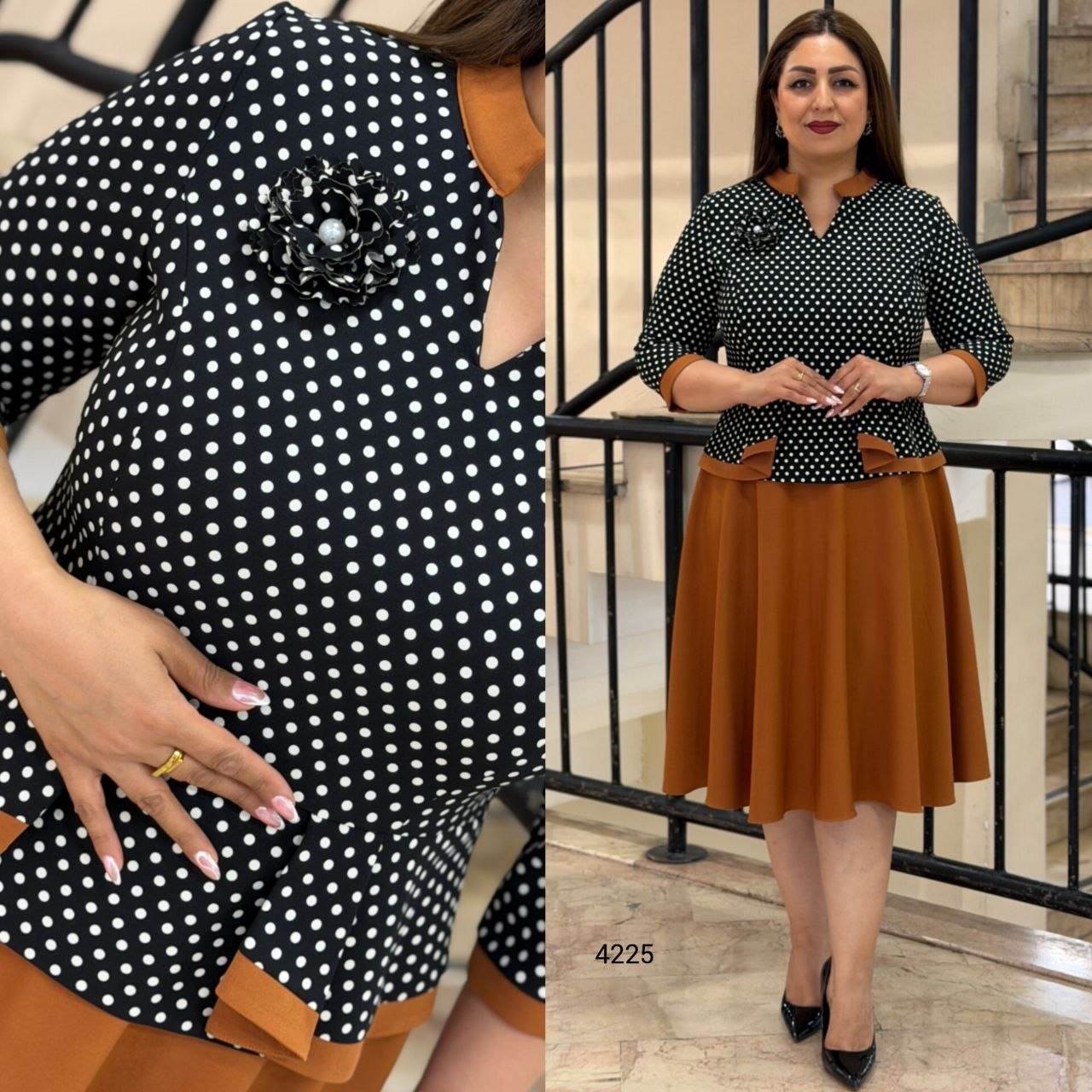 Elegant Polka Dot Brooch Detail Dress