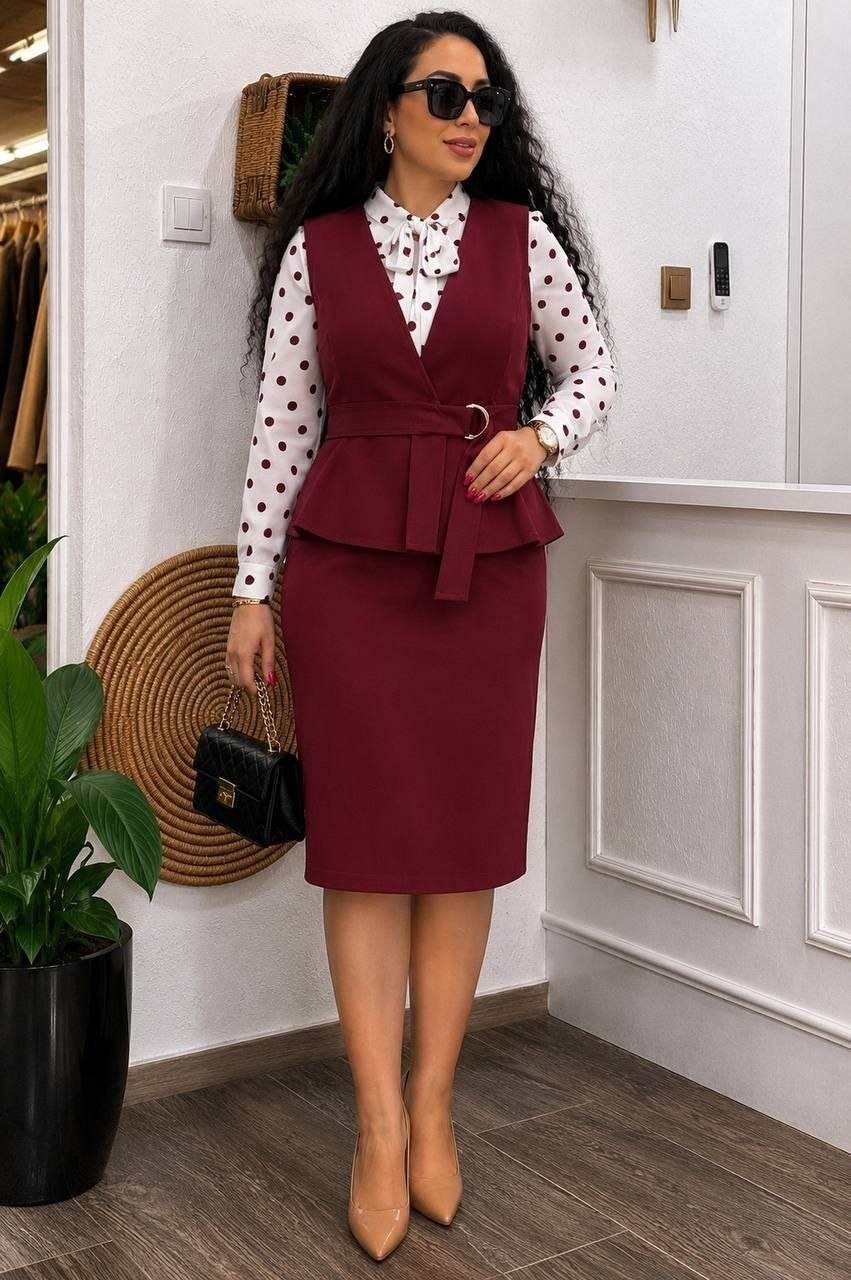 Polka Dot Blouse & Belted Dress Set
