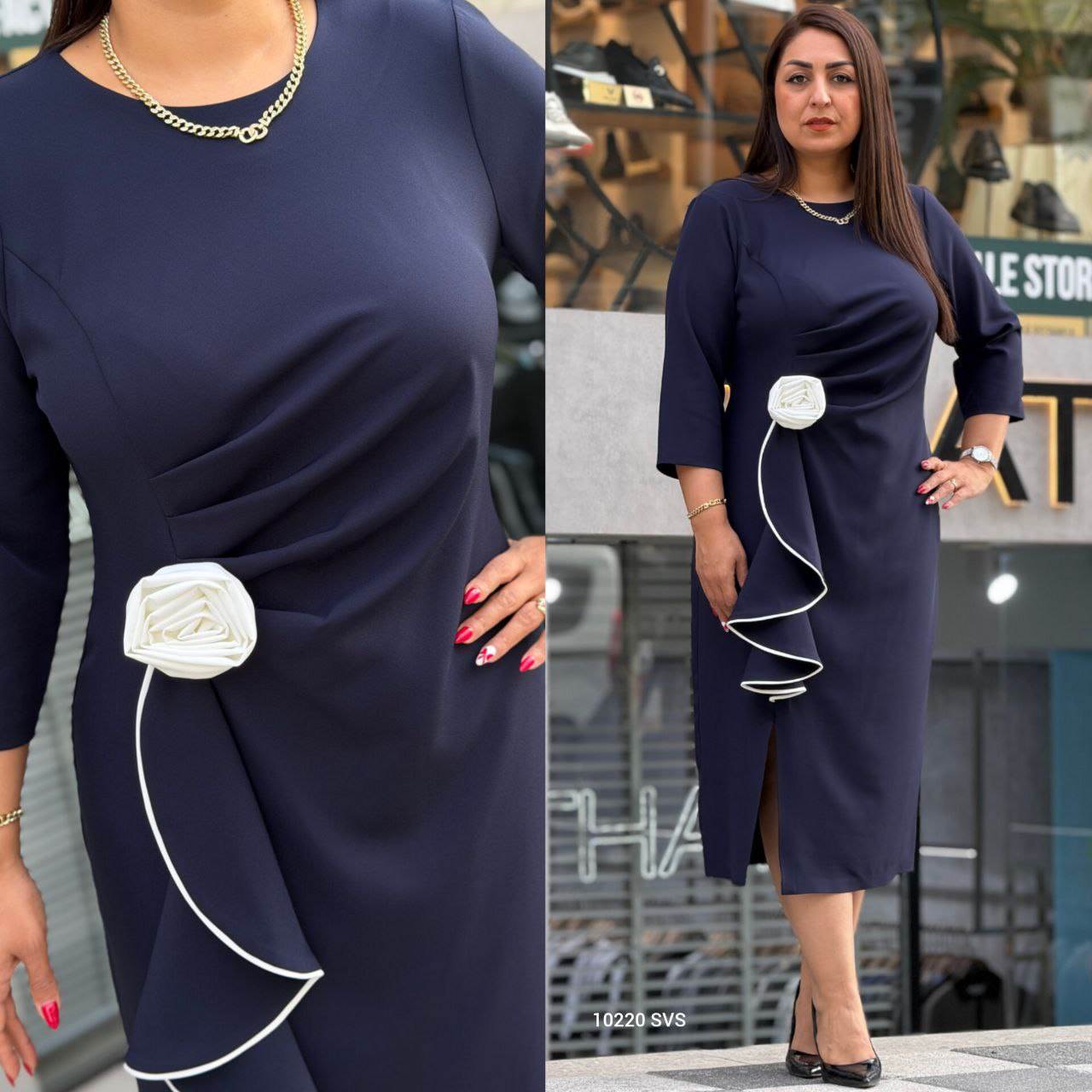 Women’s Elegant Black Midi Dress with 3D Rose Detail and Side Ruffle