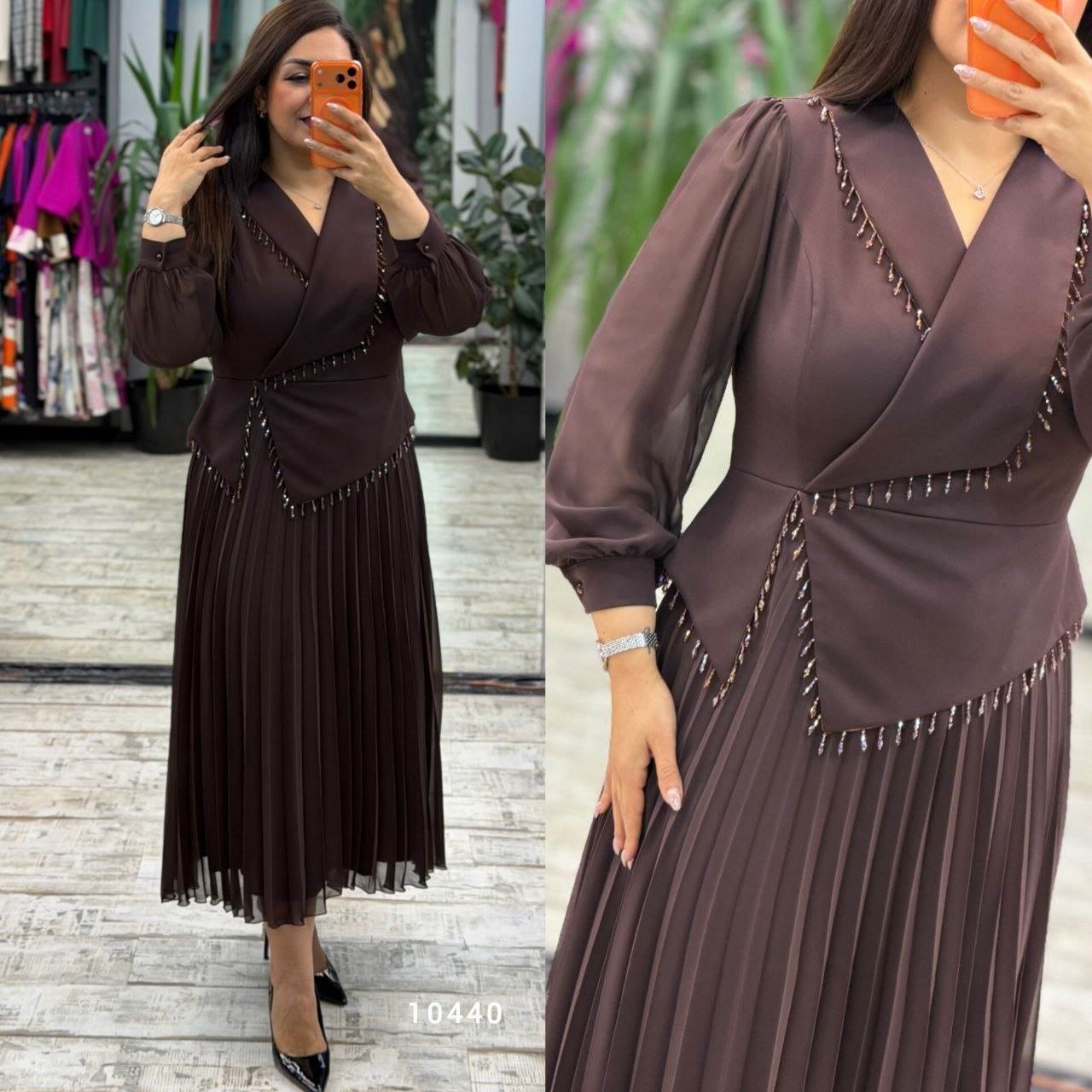 Women’s Wrap Neck Embellished Asymmetrical Long Sleeve Pleated Midi Dress