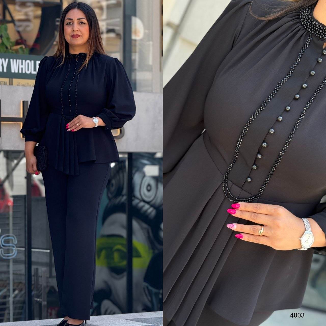 Beaded High-Neck Peplum Top & Straight-Leg Pants Two-Piece Set