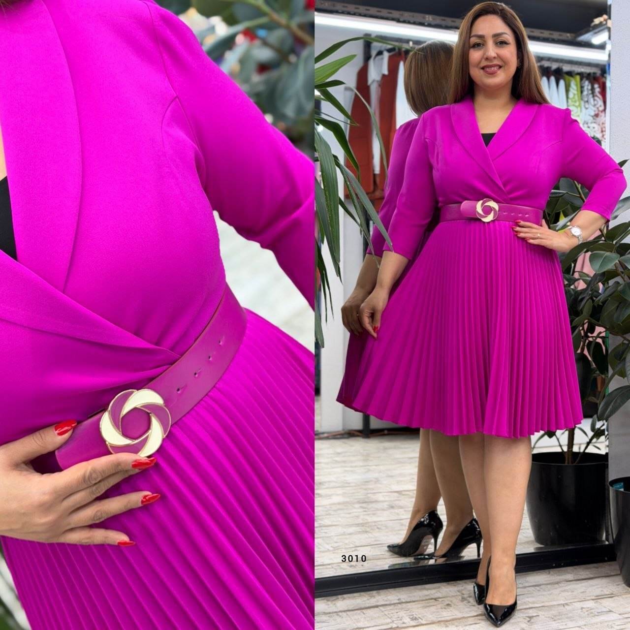 Women’s Wrap Neck Belt Buckle Pleated Midi Dress