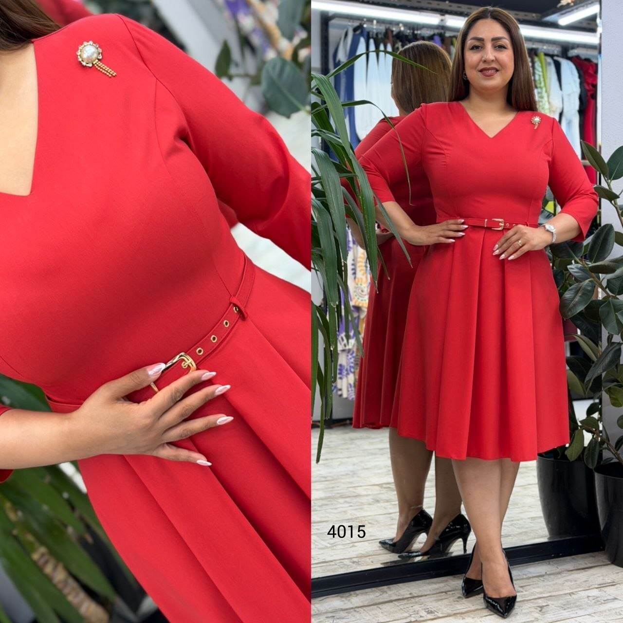 V-Neck Belted Pleated Midi Dress with Brooch Detail