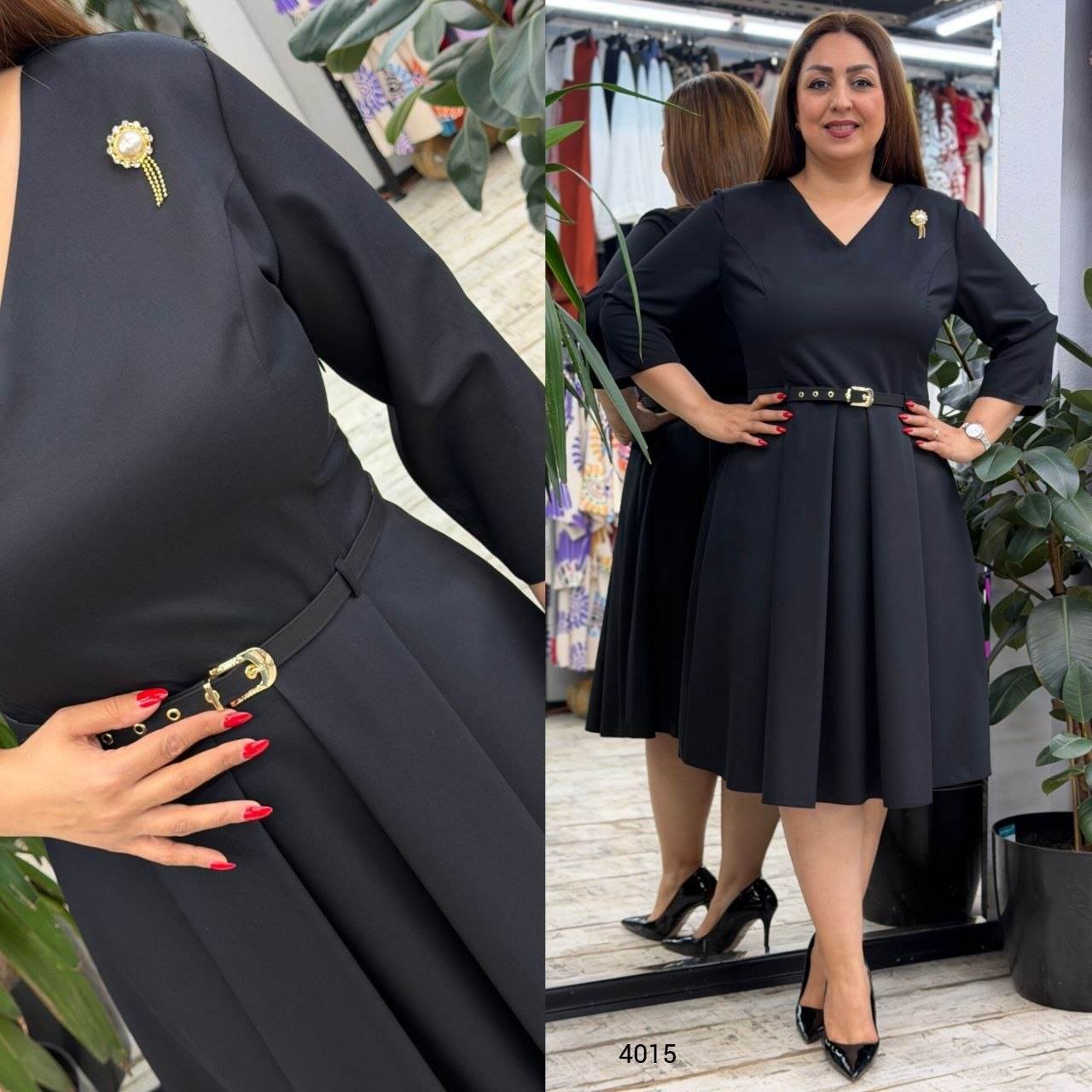 V-Neck Belted Pleated Midi Dress with Brooch Detail