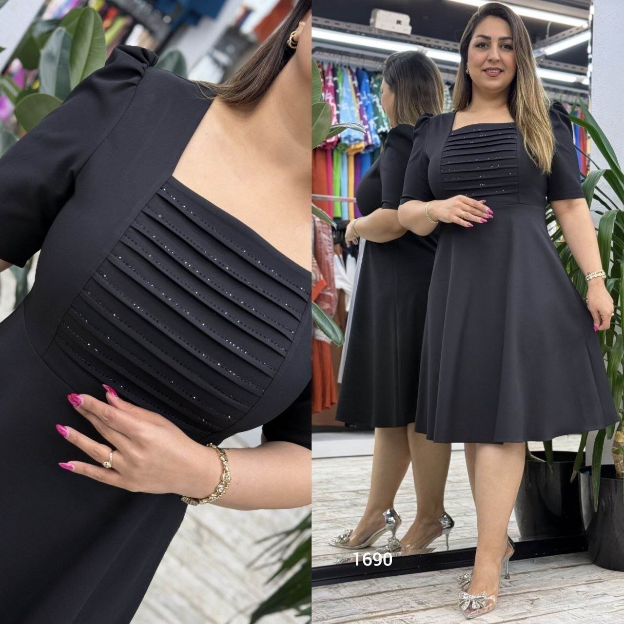 Square-Neck Pleated & Sparkle Detail A-Line Midi Dress