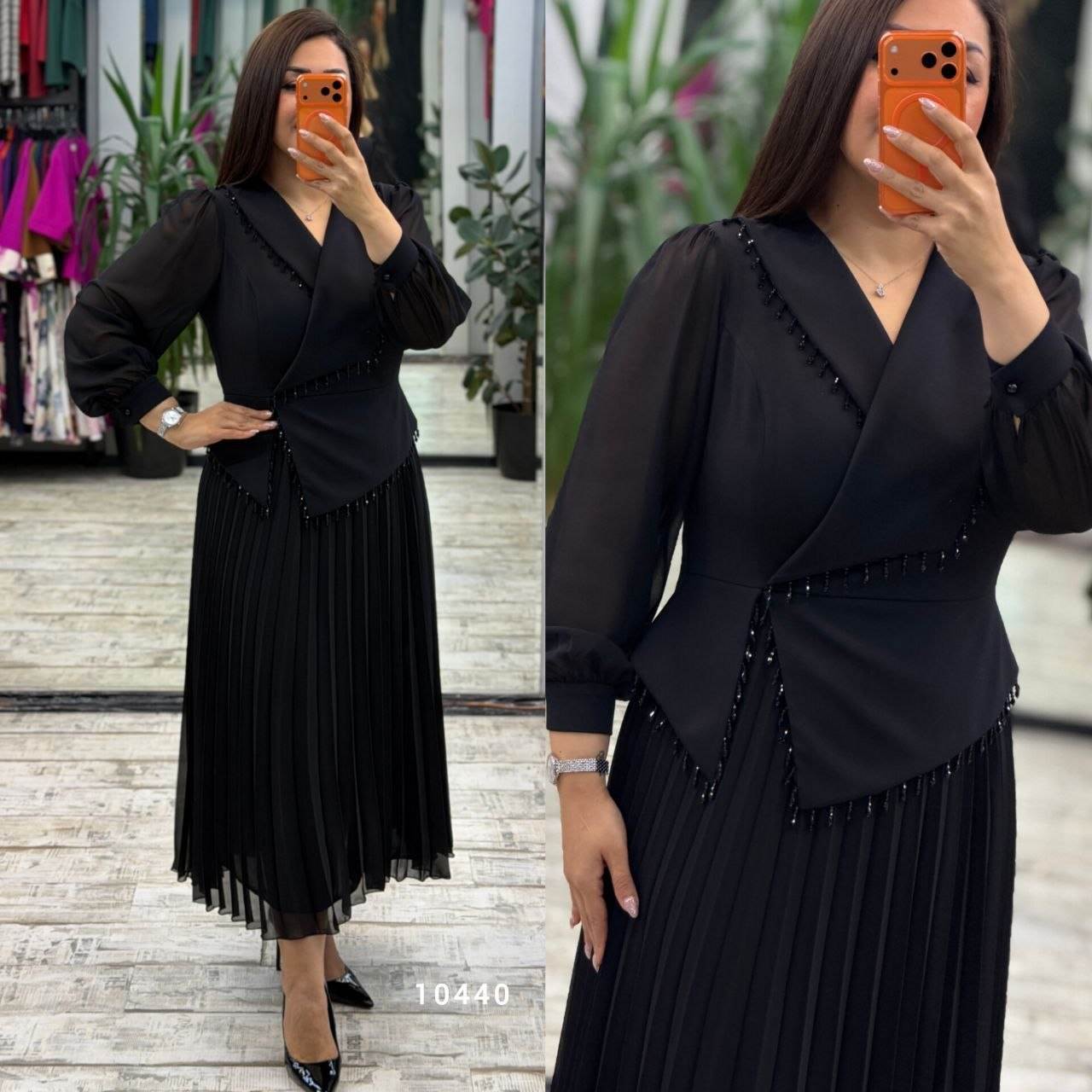 Women’s Wrap Neck Embellished Asymmetrical Long Sleeve Pleated Midi Dress