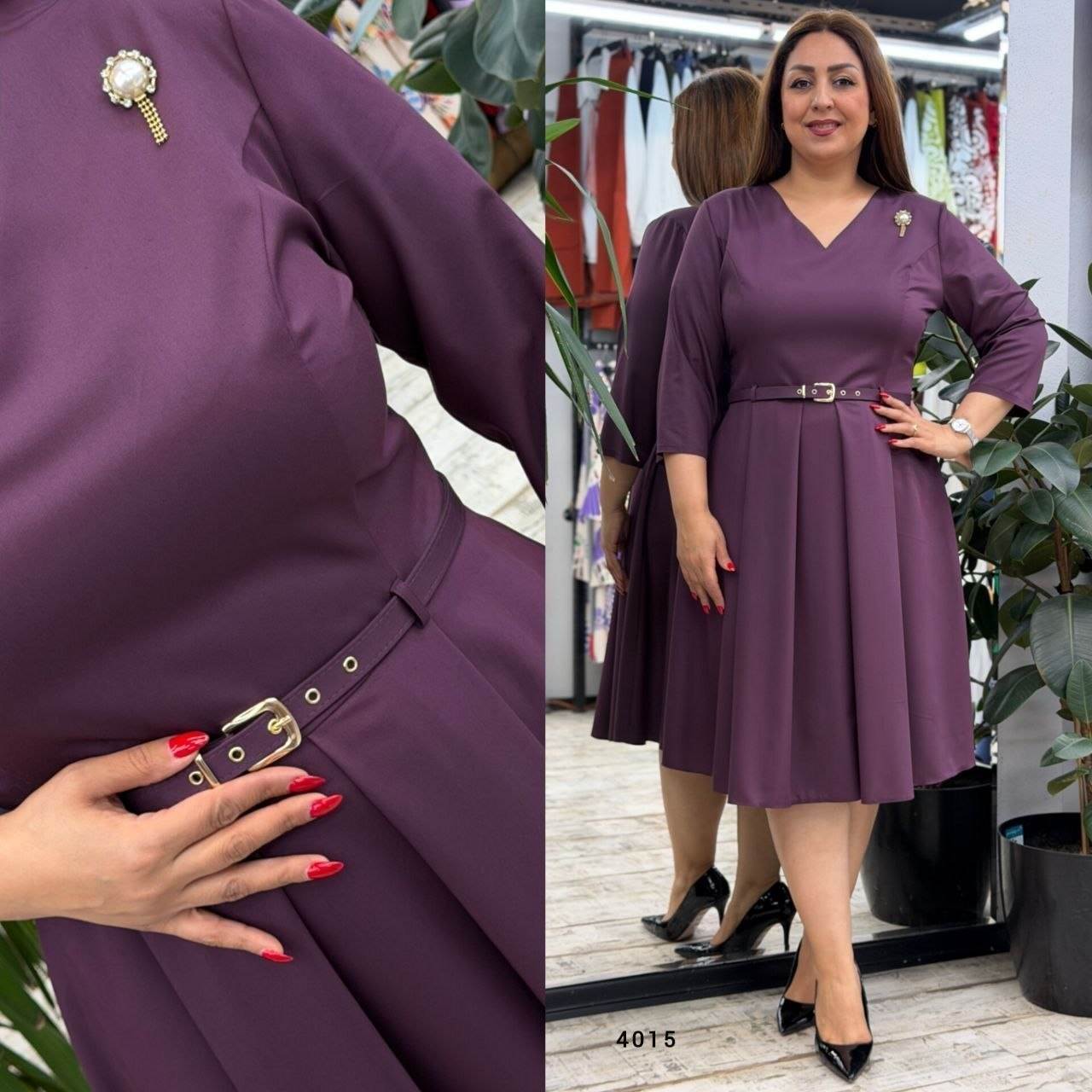 V-Neck Belted Pleated Midi Dress with Brooch Detail