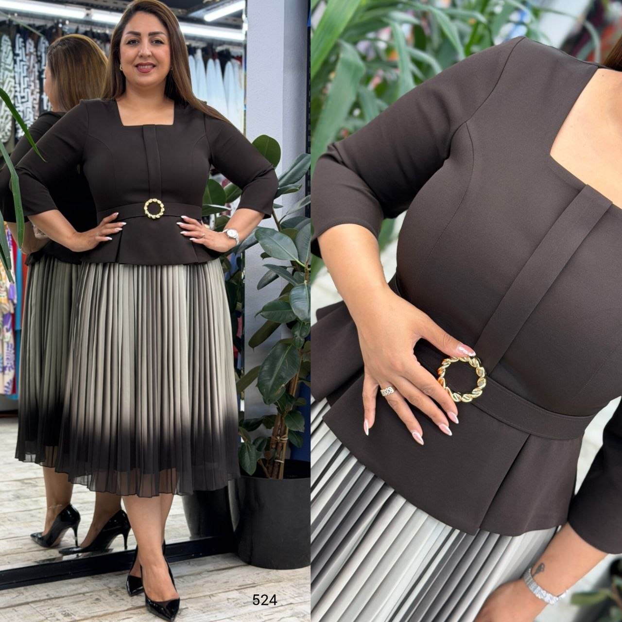 Square-Neck Belted Peplum Top & Ombre Pleated Midi Skirt Set