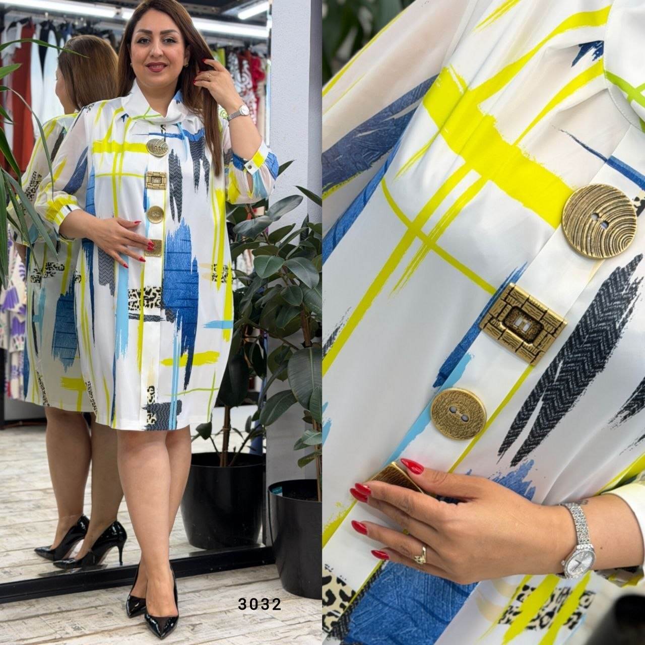 Printed Shirt Collar Button Detail Dress