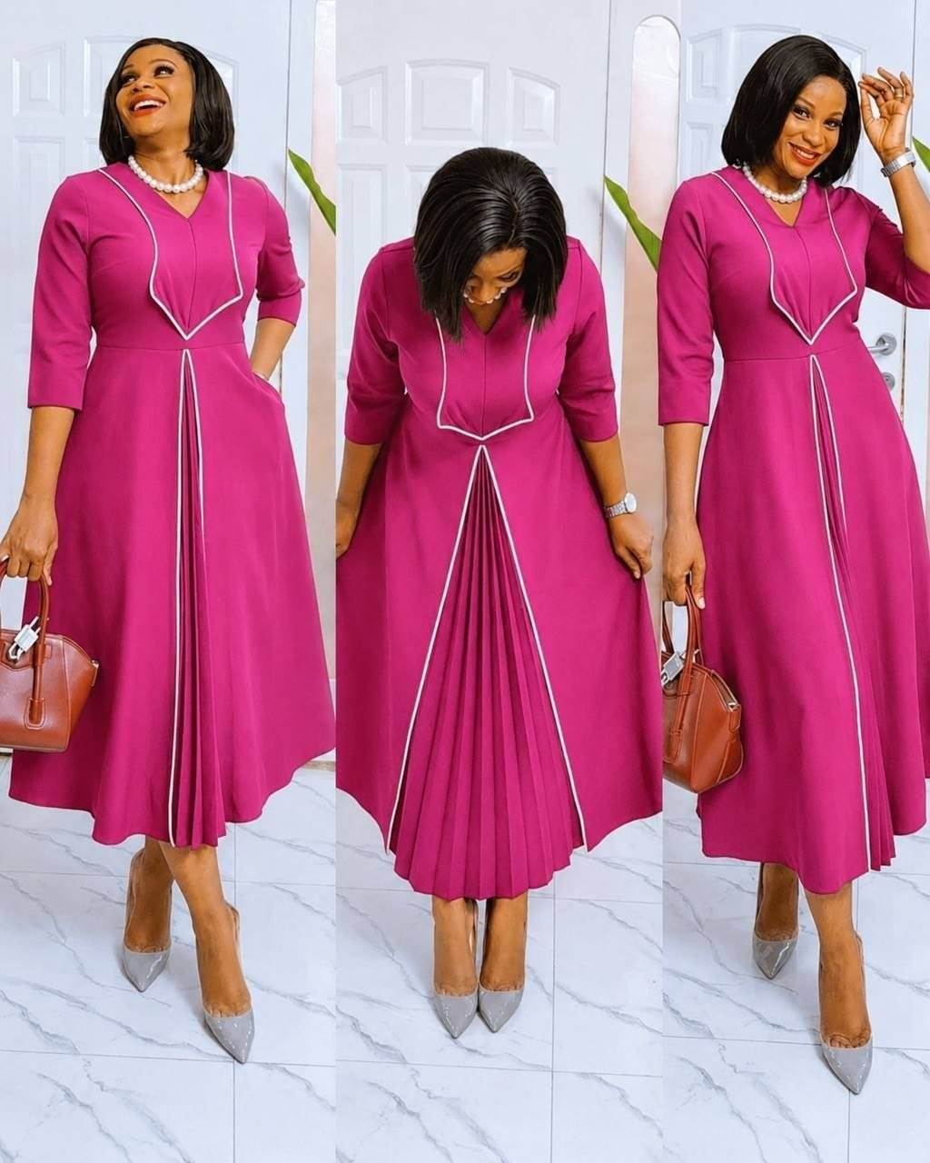 Women’s V-Neck Contrast Piping Half Sleeve Pleated Midi Dress