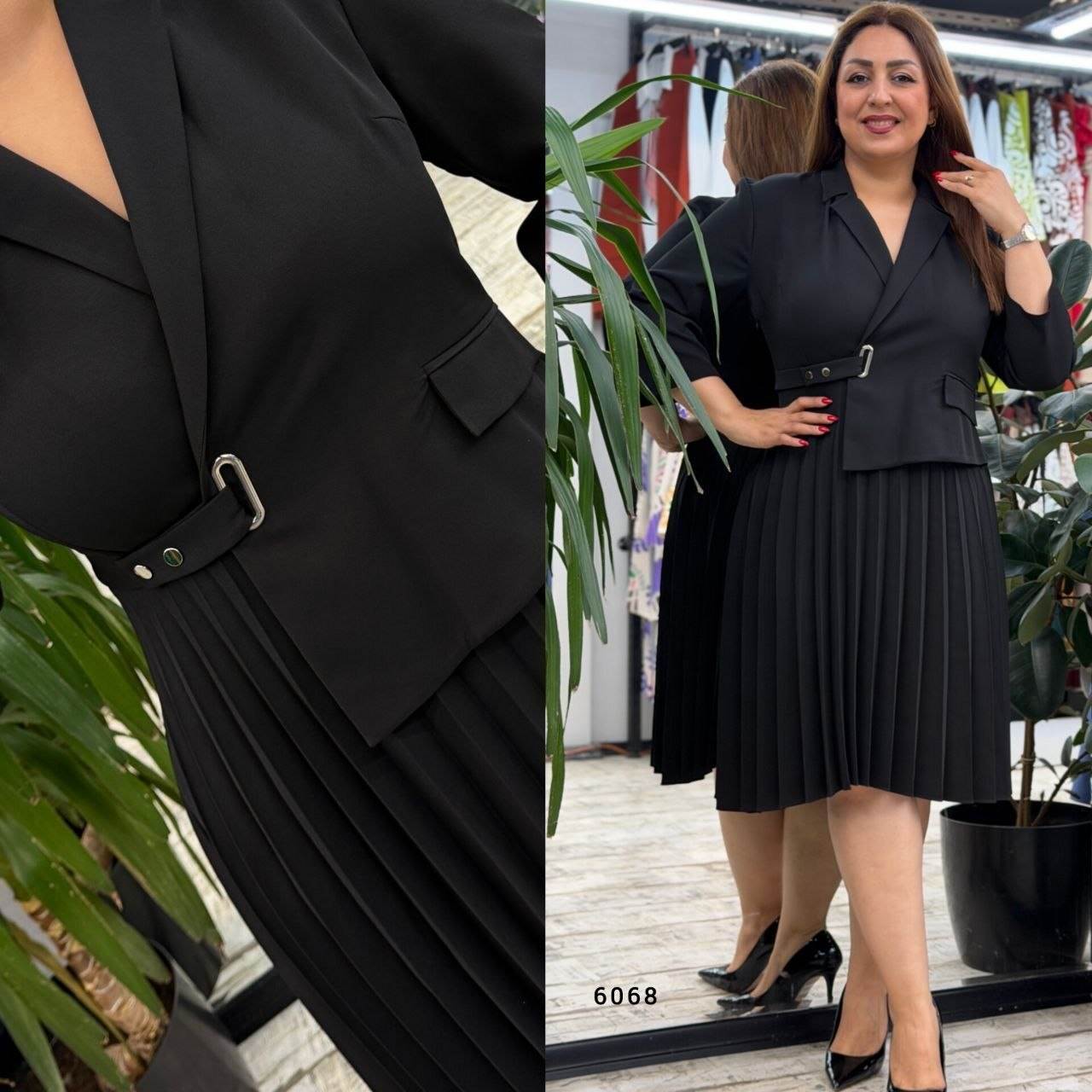 Black Blazer Collar Belt Detail Pleated Skirt Dress