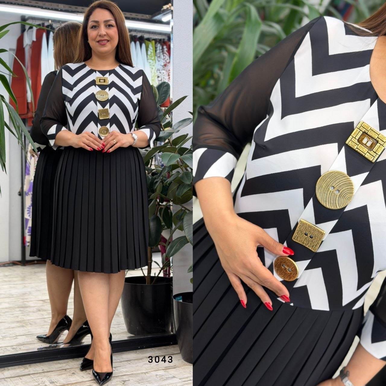 Women’s Chevron Print Embellished Pleated Midi Dress with Sheer Sleeves