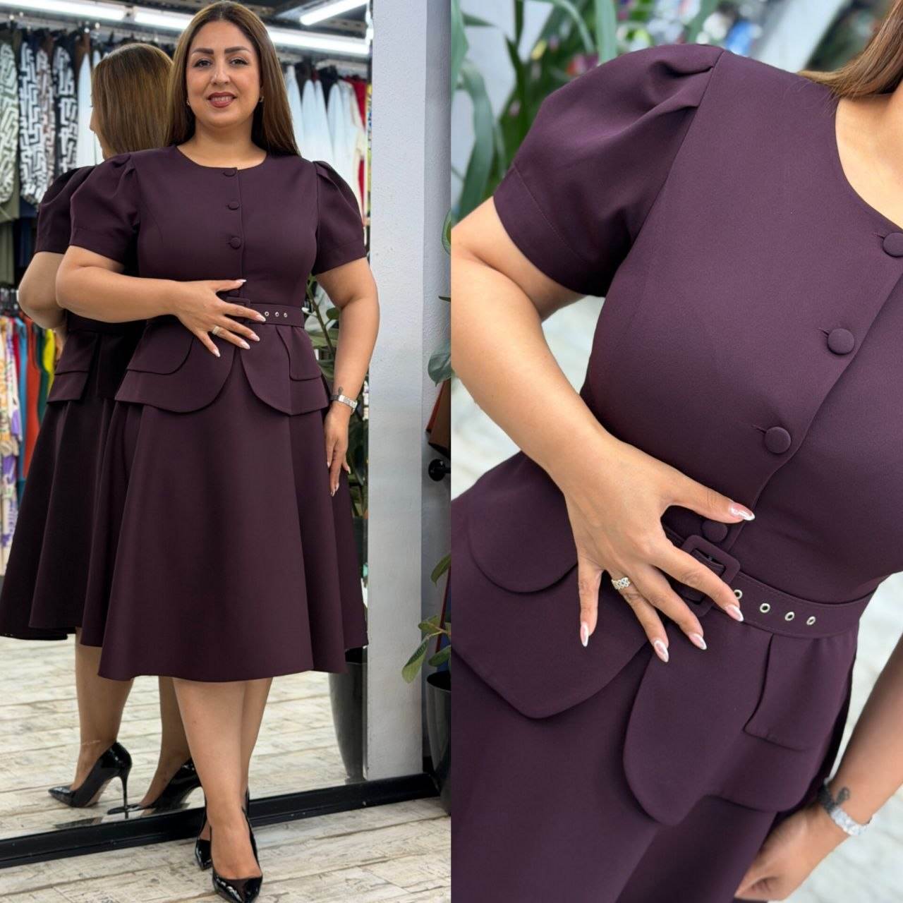 Women’s Round Neck Button Detail Short Puff Sleeve Belted Midi Dress